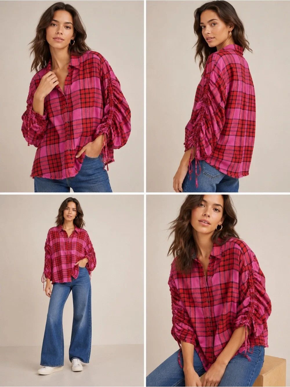 Free People Pacific Dawn Plaid Ruched Sleeve Oversized Button Down Shirt Small